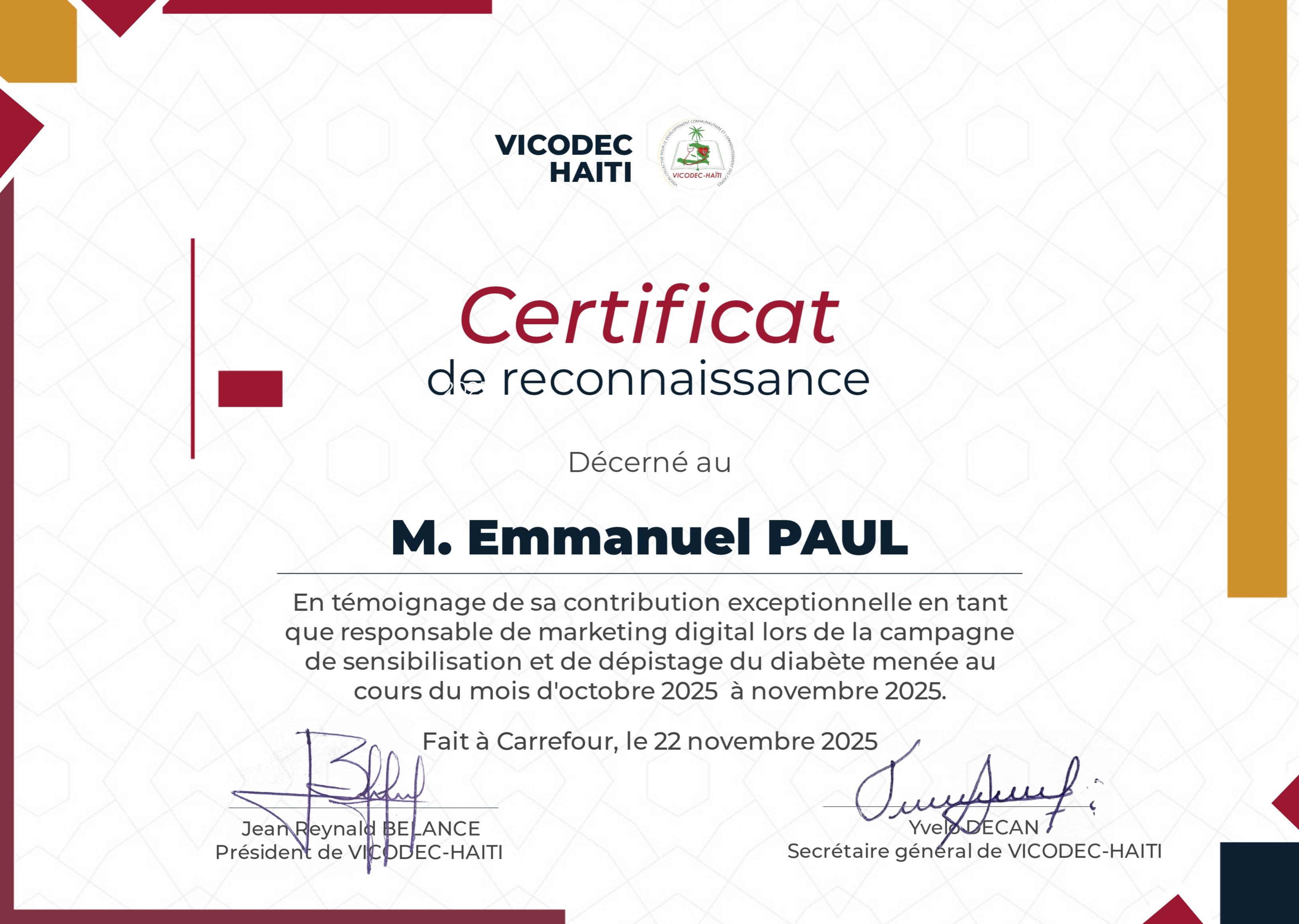 Certification Responsable Marketing VICODEC-Haïti